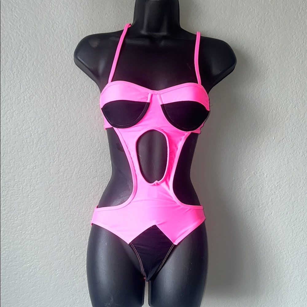 Pink and Black One Piece with Geometric Cutouts